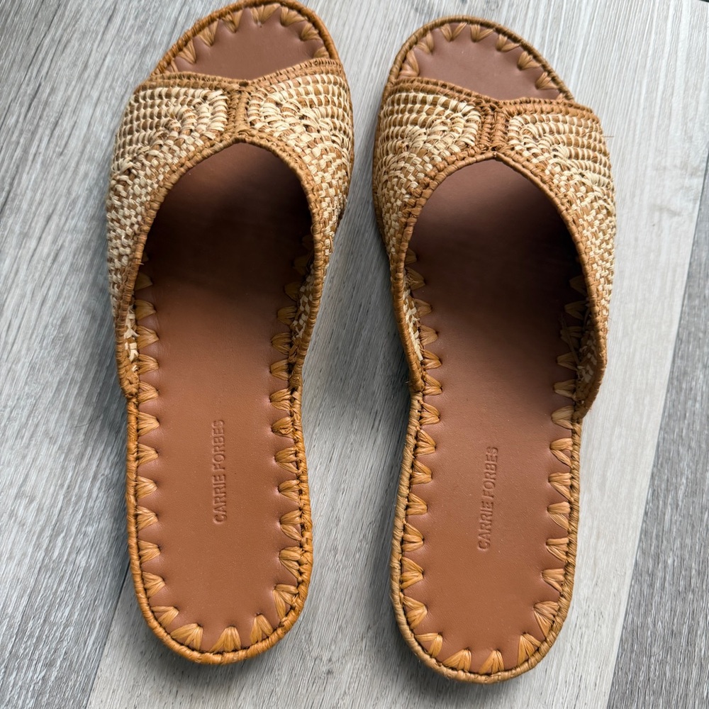 Carrie Forbes Raffia Tan Woven Leather Slide Sandals indie boho 7.5 - Picture 2 of 9